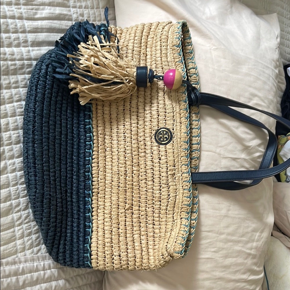 Tory Burch Blue and Tan Tote Bag with Structured Design